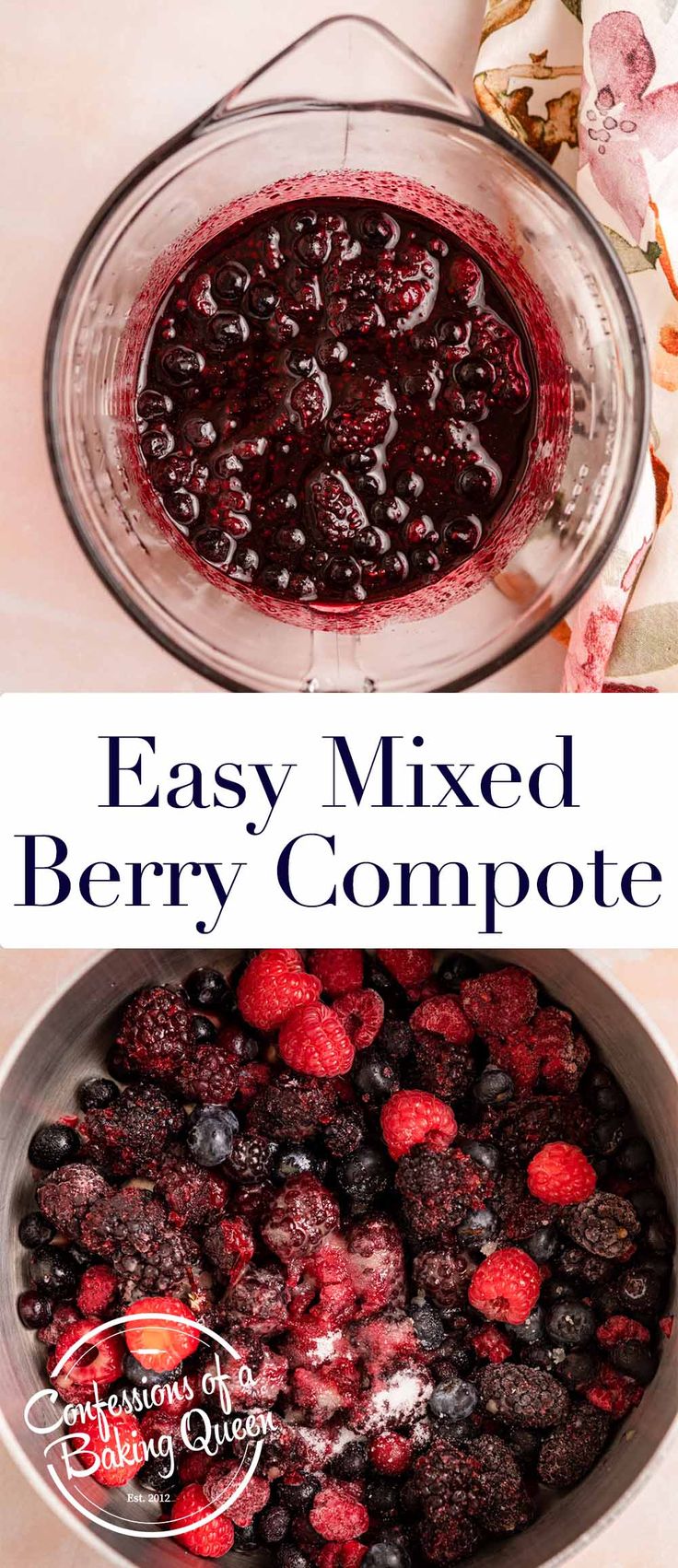 a bowl filled with berry compote sitting on top of a table next to another bowl