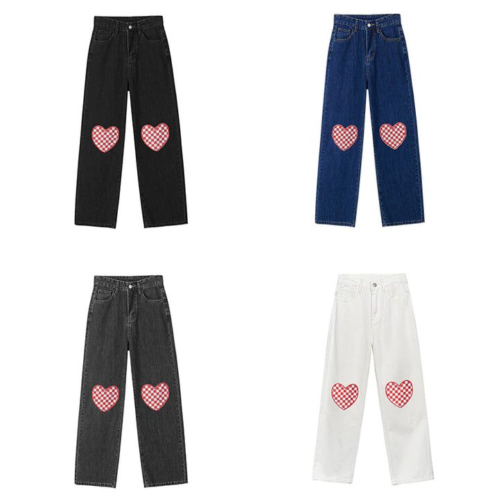 High Waist Heart Checkered Shape Loose Long Jeans Pants – Nada Outfit Land Casual Straight Leg Bottoms With Heart Print, Casual High Waist Heart Print Bottoms, Play Heart Jeans, Casual Cotton Bottoms With Heart Print, Heart Pocket Pants, White Cotton Bottoms With Heart Print, Casual Long Pants With Heart Print, Cotton Bottoms With Heart Print, Heart Printed Jeans