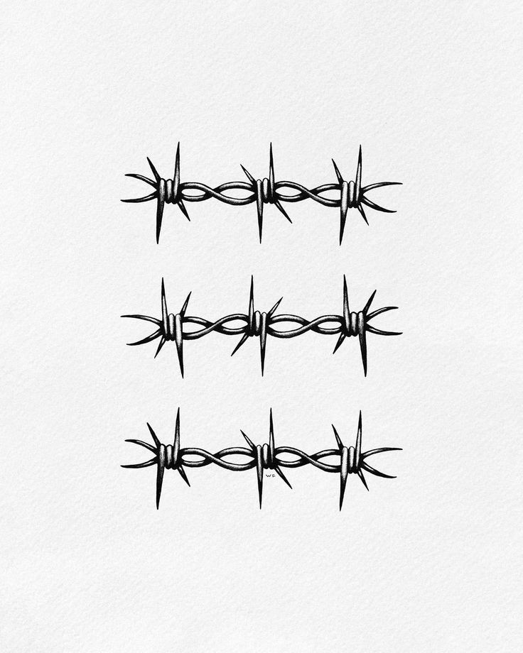 three black and white images of barbed wire