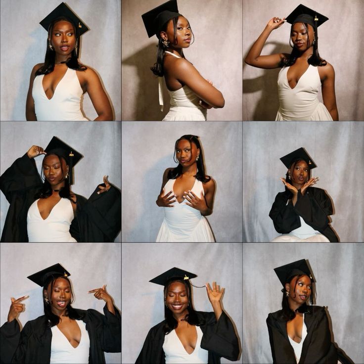 a collage of photos showing the different poses of a woman in her graduation cap and gown