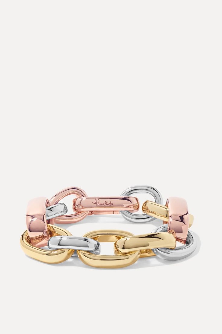 Pomellato's bracelet is part of the brand's 'Iconica' collection, which incorporates contrasting, yet complementary, shades of metal into a single elegant piece. It's expertly hand-cast from chunky 18-karat yellow, rose and rhodium-plated white gold that's polished for a high-shine finish. It makes such a beautiful gift, especially when paired with the [coordinating earrings id1164092].  Shown here with: [The Row Blouse id1176577], [By Malene Birger Pants id1173039]. Pomellato Jewelry, Roman Holiday, Bow Jewelry, Malene Birger, Fine Jewelry Bracelets, By Malene Birger, Hand Cast, Mixed Metals, Watches Jewelry