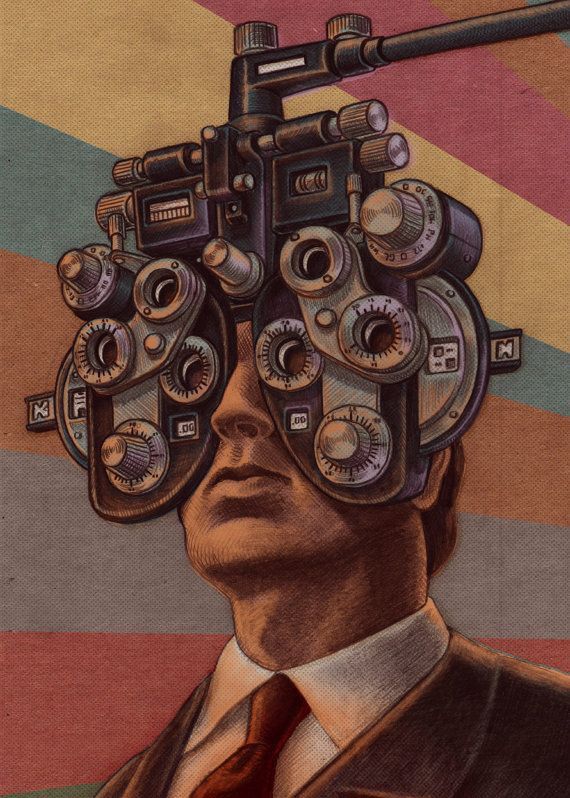 a painting of a man with gears on his head and eye glasses over his eyes