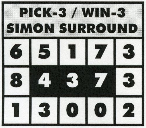 a black and white sign that says pick - 4 / win - 4 simon surround