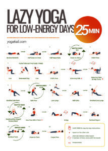 the lazy yoga for low - energy days 25 min workout poster is shown in red and green