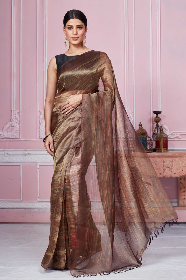 Shop stunning metallic brown tissue Banarasi sari online in USA. Look your best on festive occasions in latest designer sarees, pure silk saris, Kanchipuram silk sarees, handwoven sarees, tussar silk saris, embroidered sarees from Pure Elegance Indian fashion store in USA.-full view Banarasi Sari, Latest Designer Sarees, Fashion Journals, Banarasi Saree, Traditional Fabric, Designer Sarees, Banarasi Sarees, Blue Blouse, Blouse Dress