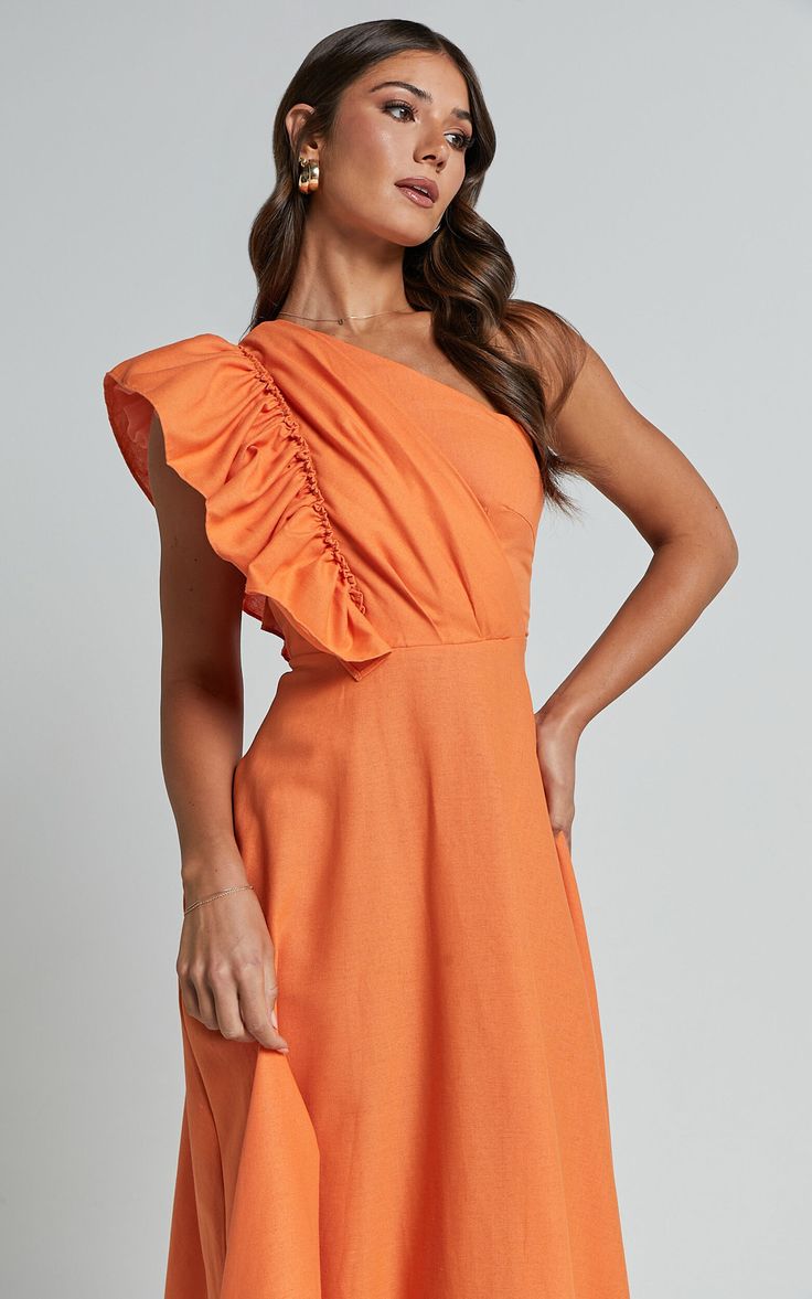 Dixie Midi Dress - Linen Look One Shoulder Ruffle Dress in Orange | Showpo USA One Shoulder Ruffle Dress For Summer, Summer One-shoulder Ruffle Dress, Spring One-shoulder Dress With Ruffled Skirt, Flirty One Shoulder Ruffled Summer Dress, Fitted One Shoulder Dress With Ruffle Hem, Spring One-shoulder Dress With Ruffle Hem, Summer One Shoulder Ruffle Dress, Flirty One-shoulder Dress With Asymmetrical Neckline, Flirty One Shoulder Dress With Asymmetrical Neckline