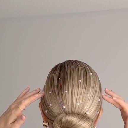 Pearls In Bun Wedding, Bridal Ponytail Pearls, Bridal Low Bun With Pearls, Slick Bride Hair, Bridesmaids Hair With Pearls, Low Bun Pearls, Pearls Hair Wedding, Pearls In Updo, Sleek Hair With Pearls