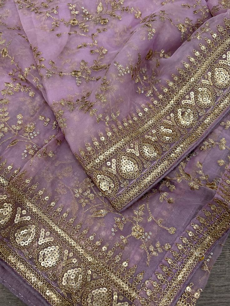 Beautiful Lilac organza dupatta with gold embroidery jaal. Purple Embroidered Semi-stitched Dupatta, Festive Georgette Lehenga With Gold Embroidery, Festive Unstitched Suit With Gold Embroidery For Diwali, Festive Dupatta With Gold Embroidery, Purple Intricate Embroidered Georgette Fabric, Festive Unstitched Suit With Gold Embroidery, Festive Unstitched Chanderi Suit With Gold Embroidery, Festive Chanderi Unstitched Suit With Gold Embroidery, Traditional Drape Unstitched Suit With Gold Embroidery For Diwali