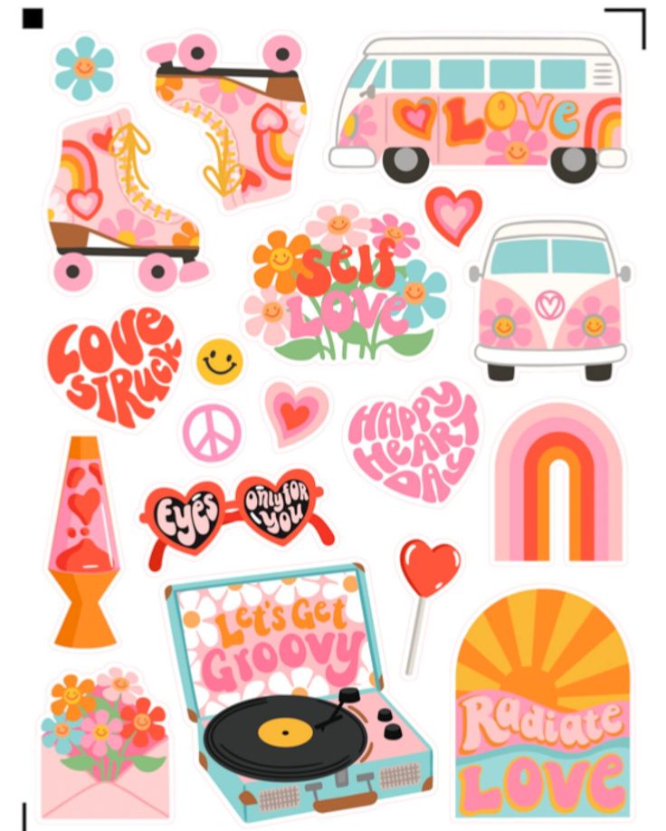 various stickers with different designs and colors on them, including an old school bus