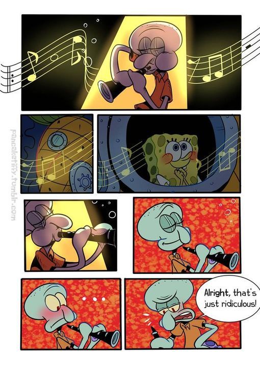 a comic strip with an image of a cartoon character and music notes in the background