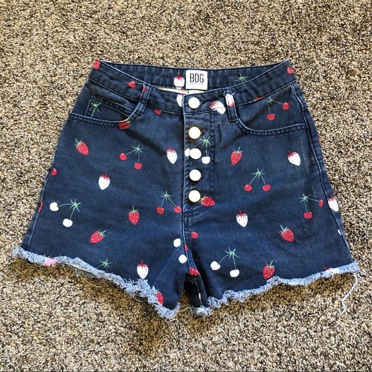 Super Cute Never Worn. No Flaws. Trendy High-waisted Shorts By Urban Outfitters, Fitted Strawberry Print Bottoms For Summer, Cute Short Red Bottoms, Summer Retro Cutoff Bottoms, Retro Cutoff Bottoms For Summer, Urban Outfitters High-waist Summer Shorts, Cute Short-length Red Bottoms, Urban Outfitters High-waisted Jean Shorts For Summer, Retro High Rise Summer Shorts