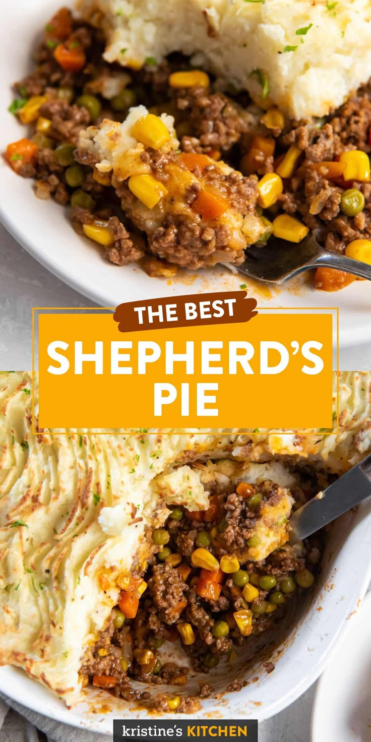 the best shepherd's pie with mashed potatoes and corn on top is shown