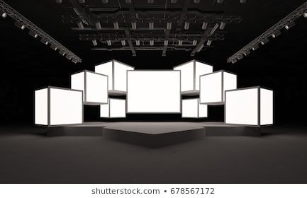 an empty room with multiple screens in the center and lights on the ceiling, 3d rendering