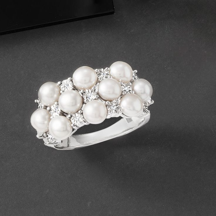 Ross-Simons - 4mm Cultured Pearl Ring, Diamond Accents in Silver. Size 8. Elegance on a budget! A bevy of 4mm cultured freshwater button pearls gleam in a lush design with diamond accents sparkling in between. Finely crafted in polished sterling silver. 3/8" wide. White pearl ring. Pearl birthstones are the perfect gift for June birthdays. Pearl Cluster Ring, White Pearl Ring, Cultured Pearl Ring, Pearl Birthstone, Ring Pearl, Pearl Rings, Ring With Diamond, Pearl Cluster, Ring Diamond