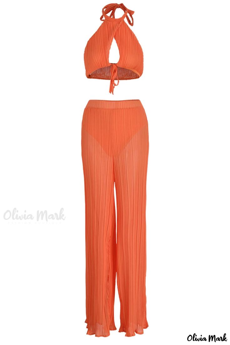 Olivia Mark - Professional Womens Elegant Black Solid Patchwork Halter Sleeveless Two-Piece Set Orange Sleeveless Swimwear For Spring, Chic Sleeveless Beach Sets, Sleeveless Orange Sets For Summer, Sleeveless Orange Summer Sets, Orange Sleeveless Summer Sets, Orange Sleeveless Set For Spring, Two-piece Sleeveless Beachwear Set, Stretch Sleeveless Beach Sets, Stretch Sleeveless Sets For Beach Season