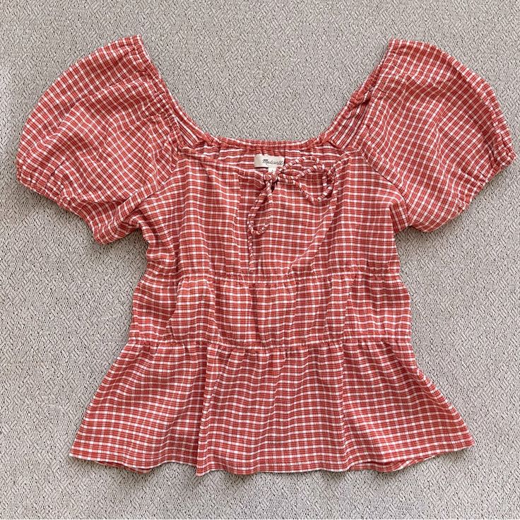 New With Tag In Excellent Condition Size Large Msrp: $65.00 Casual Plaid Blouse For Picnic, Keyhole Top, Madewell Top, Cottagecore Fashion, Color Orange, Gingham, Madewell, Blouses, Womens Tops