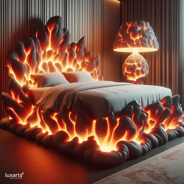 a bed that has flames on it in the middle of a room with two lamps