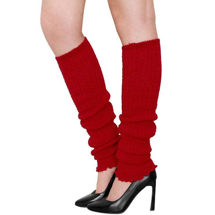 With pleated cuffs, these knit leg warmers will keep your calves warm in cold weather. Elastic design, one size fits most. Leg warmers are popular accessories for clothing styling, they are similar to socks, but thicker and generally cut off at ankle level. Can be worn between ankle and knee level (slightly slid or stretched), just pull to adjust them. It's wide enough to cover your calves, heels, or even boots. They can be used for a variety of outdoor activities and sports, including biking, s Knit Socks For Winter And Stocking Stuffers, Red Stretch Knee-high Socks For Winter, Red Leg Warmers For Winter Stocking Stuffer, Winter Acrylic Socks, Red Fitted Knee-high Leg Warmers, Red Stretch Knee-high Leg Warmers, Trendy Knee-high Socks For Winter, Fitted Red Winter Socks, Trendy Winter Knee-high Socks For Stocking Stuffers