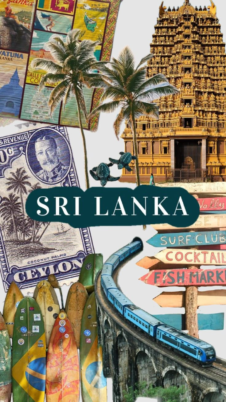 the cover of sri lanka, with many different signs on it and palm trees in the background