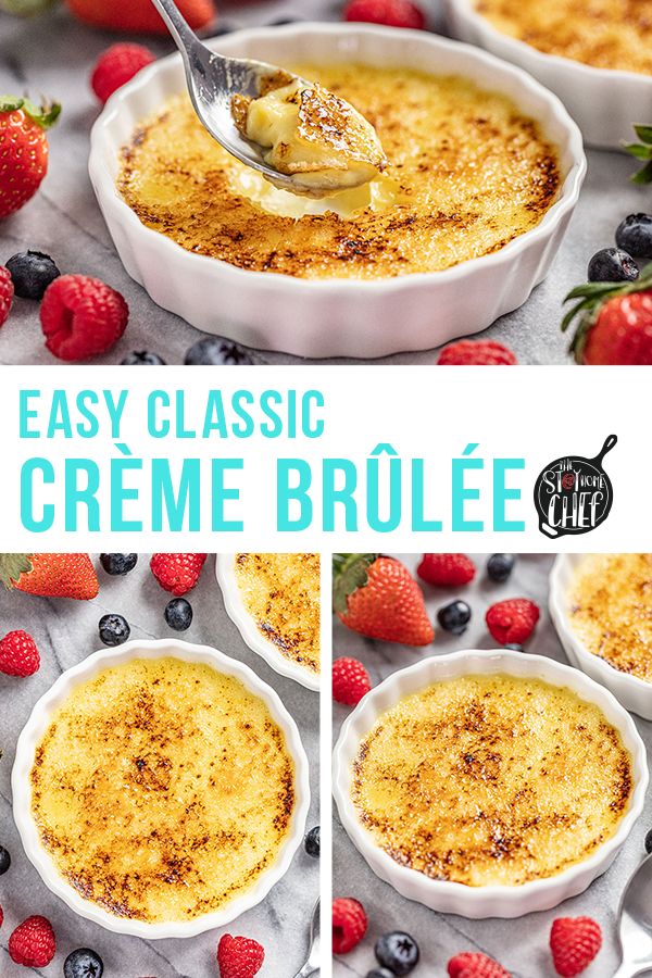 three images showing the steps to make creme brulee with strawberries and blueberries