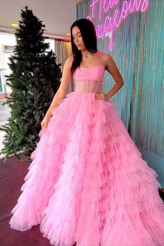 Strapless Pink Sequin Layered Formal Dress Tulle Long Prom Dress, Sheer Corset, Corset Bodice, Long Prom Dress, Prom Dress, Bodice, Sequin, Prom, Skirt