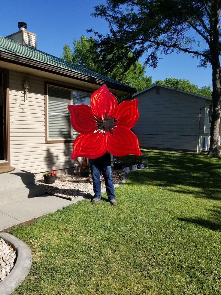 a person holding a large red flower in front of a house on a sunny day