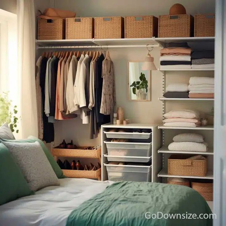 an organized closet with clothes, shoes and other items on shelves next to a bed