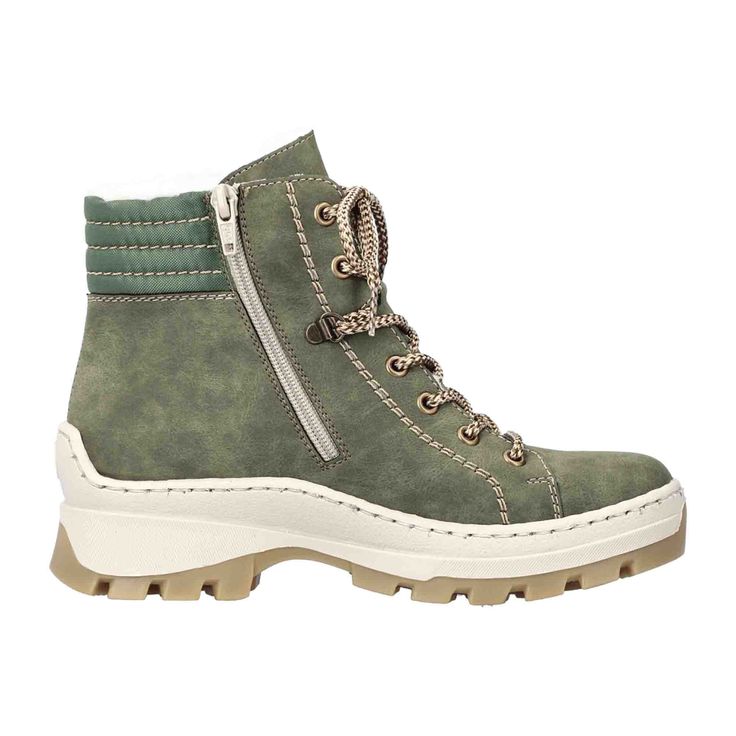 Rieker Lace-up Boot with Warm Lining for Women - Green Rieker Lace-up Boot with Warm Lining in Green Experience vacation vibes for your feet with these casual lace-up boots featuring a higher shaft from Rieker. The clever combination of laces and zipper allows for easy on and off. A round Rieker logo enhances the polished and chic look. The sturdy yet lightweight outsole prevents slipping. These lace-up boots offer super comfort with their replaceable, cushioned insole. Cozy warm lining ensures your feet stay toasty all day long. Ideal for everyday wear!   Color: Green  Heel Height: 3cm  Heel Type: Block Heel  Toe Shape: Round  Shoe Width: Normal (G)  Removable Insole: No  Outsole Color: Brown  Closure: Lace-up  Season: Autumn/Winter   Material & Care  Upper Material: Faux Leather  Lining Happy Shoes, Rieker Shoes, Green Heels, Vacation Vibes, Fur Lined Boots, Soft Shoes, Lace Up Ankle Boots, Casual Lace, Green Lace