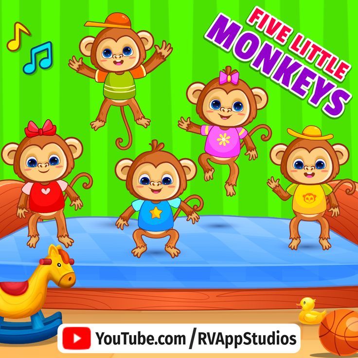 five little monkeys jumping on a bed with musical notes in the background and an image of a giraffe