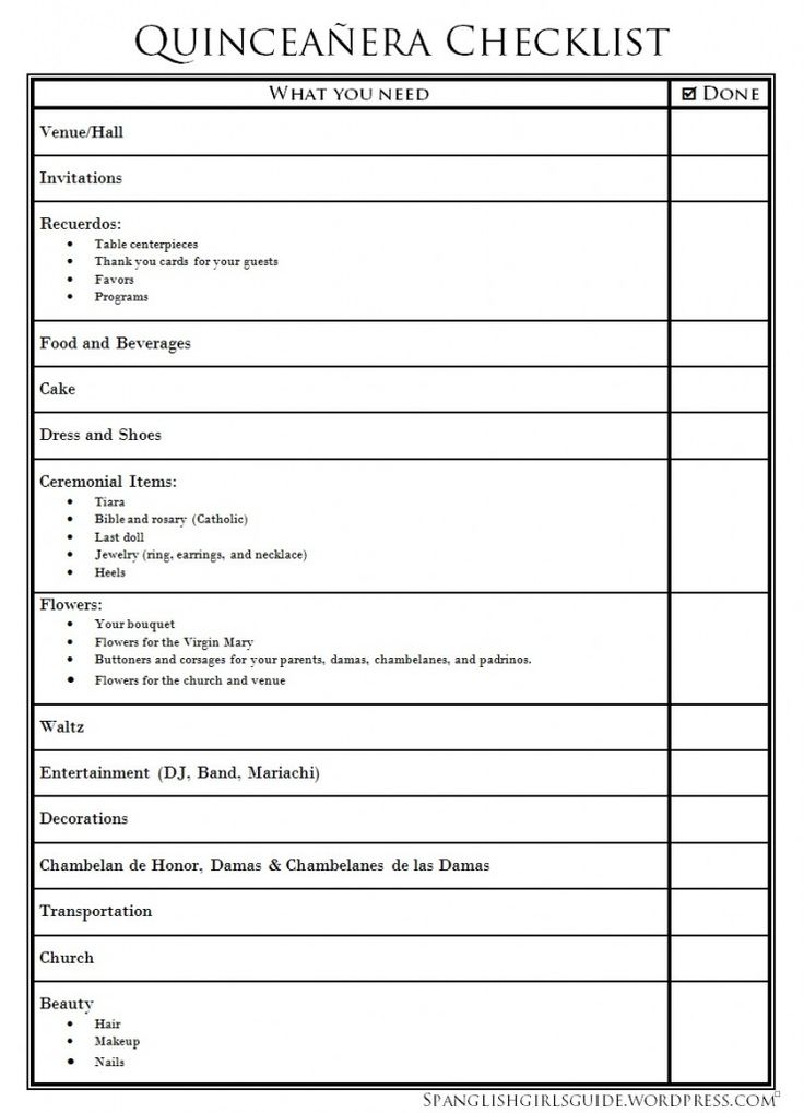 a printable quincaanera checklist with the words quincaanera on it