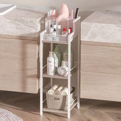 a bathroom shelving unit with several items on it