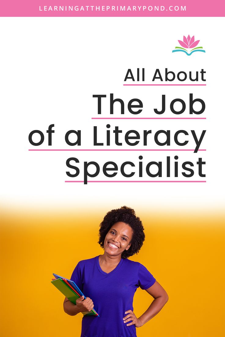 a woman standing in front of a yellow background with the words all about the job of a library specialist