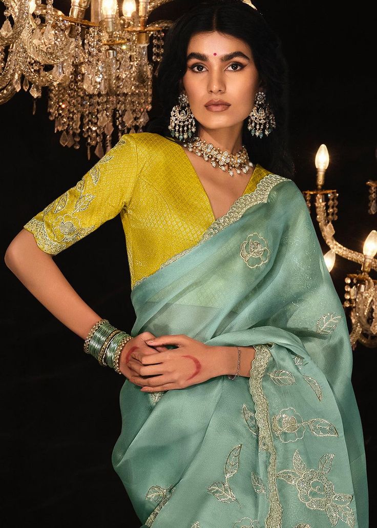 Experience the epitome of elegance of Embroidered Designer tissue Jimmy Cho Silk Saree. Crafted from premium satin silk, this saree features exquisite embroidery that adds a touch of opulence to its luxurious drape. Perfect for special occasions, it combines traditional artistry with contemporary sophistication, making you stand out with timeless grace. --------------------------------- S A R E E ● D E T A I L S --------------------------------- ● Fall and Edging : Done ● Tassel : See in Option ● Petticoat : On request Extra Charges ● Drapping Saree (Ready to wear) : On Request Extra Charges ● Blouse : Matching Unstitched Piece (See in option) ● Occasion : Wedding, Party, Festive, Function ● Type: Bollywood ● Includes : 1 Saree, 1 Blouse Piece ● Saree length : 5.5 meter ● Blouse piece : 0. Sea Green Saree, Latest Bridal Lehenga Designs, Navy Blue Saree, Saree Beautiful, Tissue Silk Saree, Bridal Lehenga Designs, Embroidery Border, Fancy Saree, Silk Saree Blouse Designs