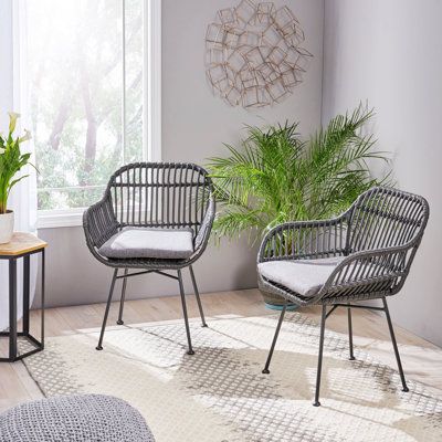 two wicker chairs sitting on top of a rug next to a potted plant