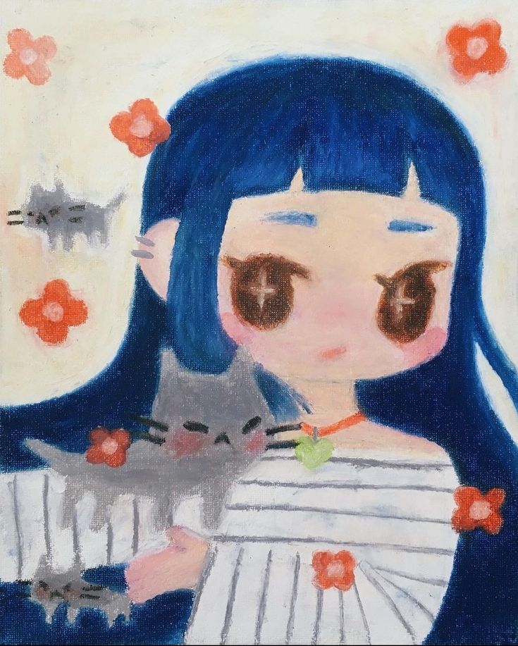 a painting of a girl holding a cat