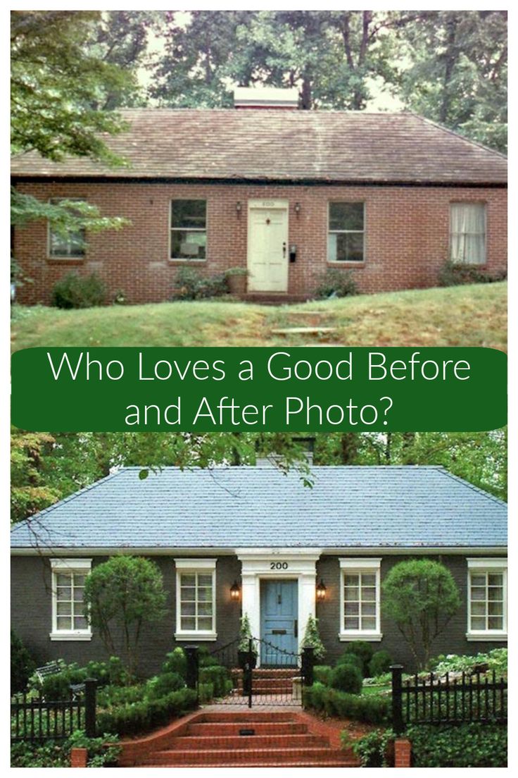 the before and after pictures of a house with blue roof, white trim and green shutters