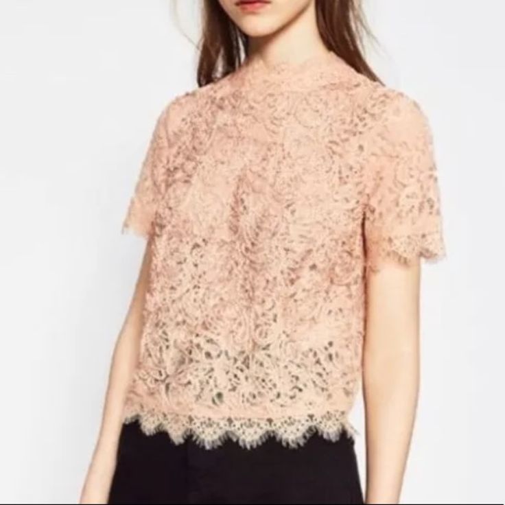 Zara Trafaluc Embroidered Lace Light Pink Blouse. Top With Funnel Collar. Short Sleeves. Front Embroidery And Lace. Back Zip Closere. Color: Light Pink Composition ~Outer Shell Main Fabric: 53% Nylon - 45% Visose - 2% Other Fibres Embroidery : 2% Nylon ~ 98% Polyester Sold Out Store And Online Box#10 Chic Floral Embroidery Lace Top, Chic Scalloped Lace Short Sleeve Top, Chic Short Sleeve Scalloped Lace Top, Chic Lace Top With Floral Embroidery, Elegant Short Sleeve Tops With Scalloped Lace, Embroidered Short Sleeve Top For Wedding, Chic Lace Tops With Floral Embroidery, Elegant Short Sleeve Lace Top For Spring, Elegant Short Sleeve Lace Tops