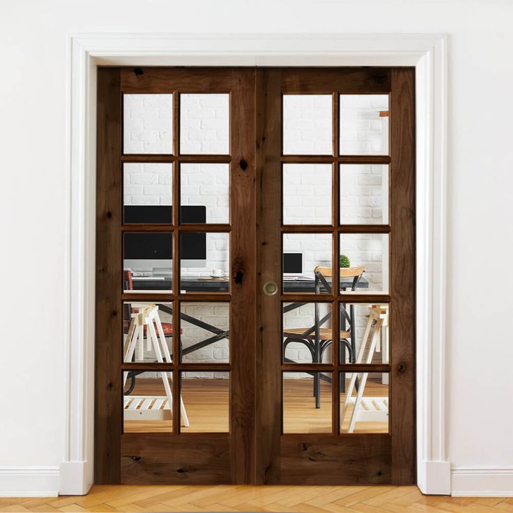 French Knotty Alder 10 Lite Clear Glass Interior Double Doors - Krosswood French Provincial Doors Interior, Office French Doors Study, Sliding Kitchen Door, Stained French Doors, Clear Stain Wood, Double Wood Front Doors, Dutch Door Interior, Office French Doors, Interior Double French Doors