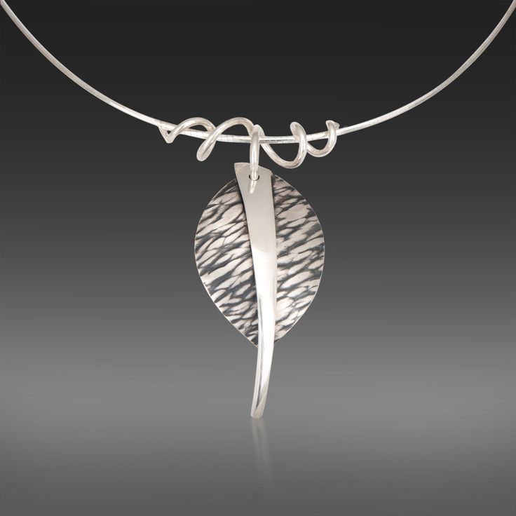 Silver Necklace - Sterling silver textured and oxidized pendant with a bright silver accent. A high polished sterling silver tendril bail attaches the pendant to your choice of a 16 or 18 sterling silver omega chain neck wire. Lobster clasp closure. Folded Metal Jewelry, Art Clay Silver Jewelry, Silver Clay Jewelry Ideas, Hebrew Jewelry, Elm Leaf, Metal Wire Art, Pmc Jewelry, Silver Jewelry Necklaces, Art Clay Silver