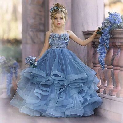 Flower Gown Dress, Dusty Blue Flower Girl, Girl Dresses Kids, Tulle Ruffle Dress, Blue Flower Girl, Dusty Blue Dress, Kids Pageant, Flower Gown, Flower Girl Dresses Blue