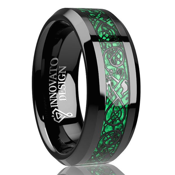 black ceramic ring with green celtic pattern inlay and beveled inside the band