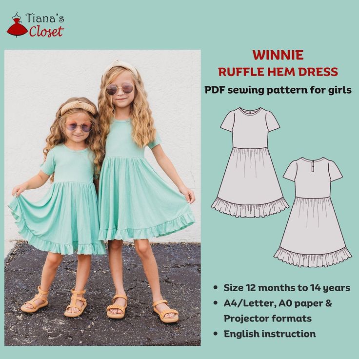 Exclusive patterns from the author of Tiana's Closet Sewing Patterns. Visit my blog for more ideas, sewing tips and free patterns: https://tianascloset.com/ The Winnie ruffle hem dress is a simple, beautiful design that is suitable for special occasions - birthdays, weddings, parties. Make your little one be the center of attention with your handmade dress! Main features of the design: - Relaxed fit - Flared skirt that falls at the knee - Playful ruffle hem detail - Placket closure at the back - Twirly Dress Pattern, Girls Dress Pattern Free, Girls Dress Sewing Patterns, Printable Sewing Patterns, Girl Dress Pattern, Dress Patterns Free, Seam Allowance, Sewing Patterns Girls, Sewing Patterns For Kids