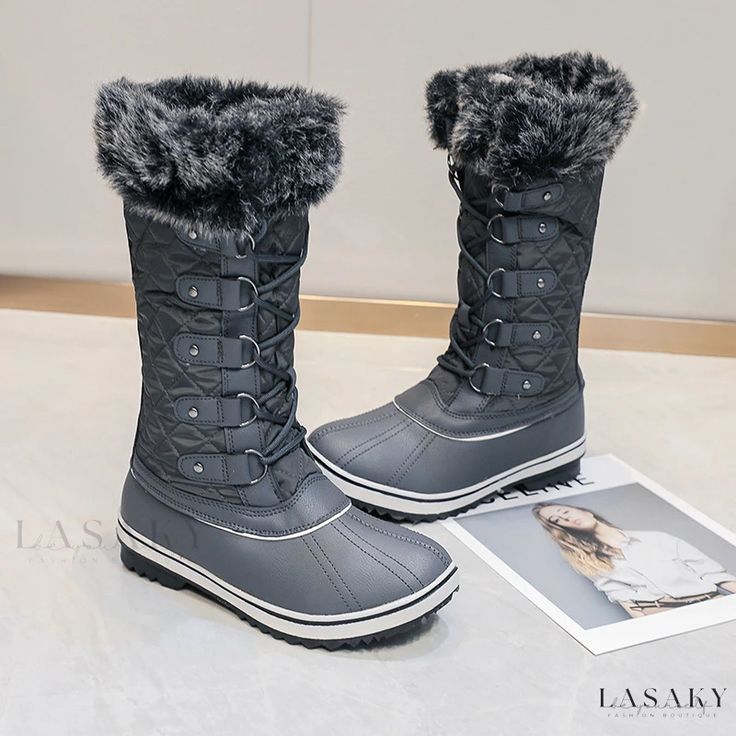 Lasaky - High-Top Leg Support Thick Fleece Snow Boots Synthetic Winter Boots With Round Toe, Warm Winter Boots For Cold Weather, Gray Lace-up Waterproof Boots For Winter, Casual Boots With Faux Fur Trim For Cold Weather, Casual Warm Boots For Outdoor, Casual Winter Boots For Cold Weather, Casual Warm Outdoor Boots, Casual Cold Weather Winter Boots, Casual Synthetic Boots For Winter