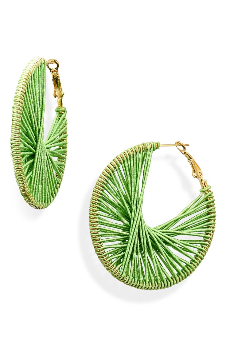 Bring a pop of color to any look with green threaded hoop earrings finished in gleaming goldtone plate. Omega-clip closure Goldtone plate/cotton thread Imported Green Hoop Earrings For The Beach, Green Hoop Earrings For Beach, Summer Gold Woven Jewelry, Green Small Hoop Earrings For Spring, Green Spring Beach Jewelry, Green Hoop Earrings For Spring, Small Green Hoop Earrings For Summer, Green Small Hoop Earrings For Summer, Beach Woven Green Jewelry