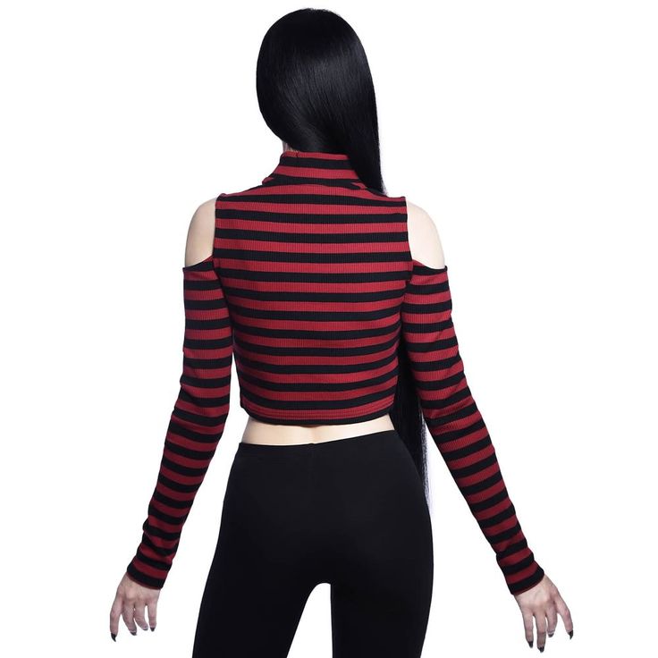 Explore style with our Gothic Stripe Cold Shoulder Long Sleeve Top! Stand out in vibrant red and black stripes for a bold, edgy look. Crafted from ribbed polyester and spandex, it ensures a comfy, snug fit. Featuring a high neck and cold shoulders for a distinctive touch. Complete with a zip front and crop length for a trendy, fashionable vibe. Vibrant red and black stripes Ribbed polyester and spandex High neck Cut out shoulders Zip front Crop length Kawaii Socks, Cold Shoulder Long Sleeve, Edgy Look, Short Socks, Hair Accessories Headbands, Headband Hairstyles, Vibrant Red, Red And Black, Black Stripes