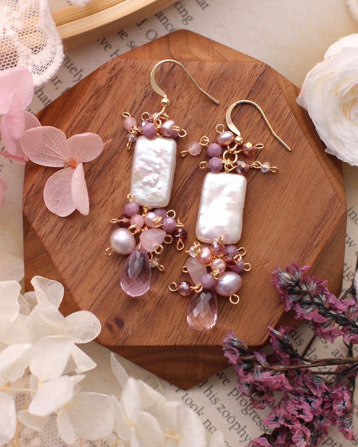 Baroque Pearl / Pink Amethyst Gemstone Dainty Floral Dangle Earrings // 14K Gold Filled Artisan Jewelry // Romantic Taro Themed Gift for Her - Etsy Handmade Feminine Earrings For Gift, Handmade Feminine Rose Gold Jewelry, Pink Natural Stones Wedding Earrings, Wedding Pink Earrings With Natural Stones, Elegant 14k Gold Filled Earrings With Natural Stones, Handmade Rectangular Wedding Earrings, 14k Gold Filled Gemstone Earrings For Wedding, Pink 14k Gold Filled Jewelry For Wedding, Pearl Pink