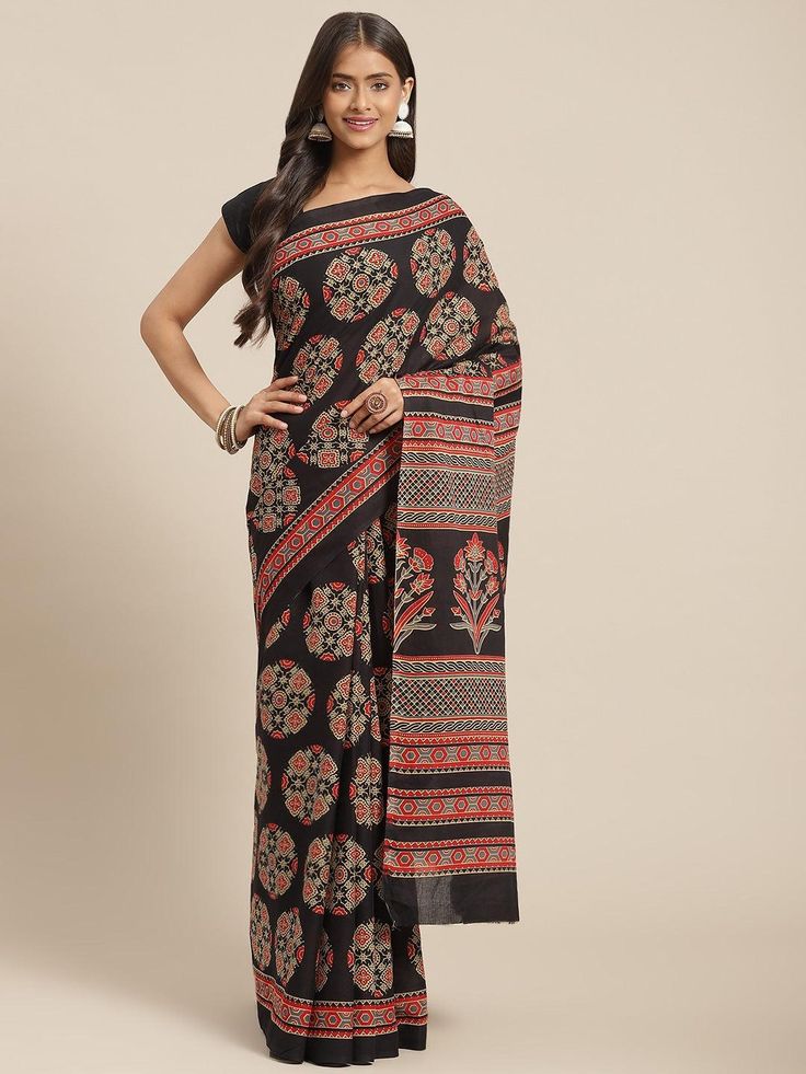 black-red-printed-saree-10122053BK, Women Indian Ethnic Clothing, Cotton Saree Red Pre-draped Saree With Printed Motifs, Festive Cotton Pre-draped Saree With Printed Border, Traditional Printed Pre-draped Saree For Festive Occasions, Traditional Printed Pre-draped Saree For Festive, Traditional Festive Printed Pre-draped Saree, Printed Saree For Navratri, Black Chanderi Traditional Wear With Block Print, Traditional Printed Cotton Saree, Traditional Printed Pre-draped Saree