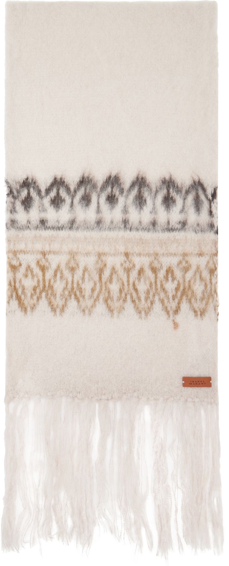 Rectangular brushed knit wool- and mohair-blend scarf in taupe. · Jacquard graphic pattern throughout · Leather logo patch at face · Fringed trim at ends · L72 x W13 Supplier color: Khaki Midnight Red, Logo Scarves, Fringe Trim, Leather Logo, Graphic Patterns, Color Khaki, Isabel Marant, Patch Logo, Apparel Accessories