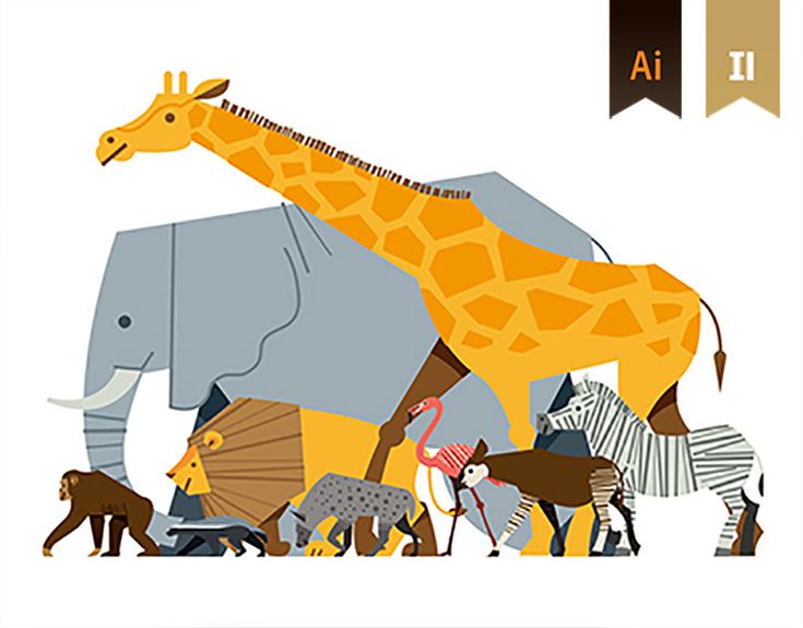 an elephant, giraffe, zebra and other animals all grouped together