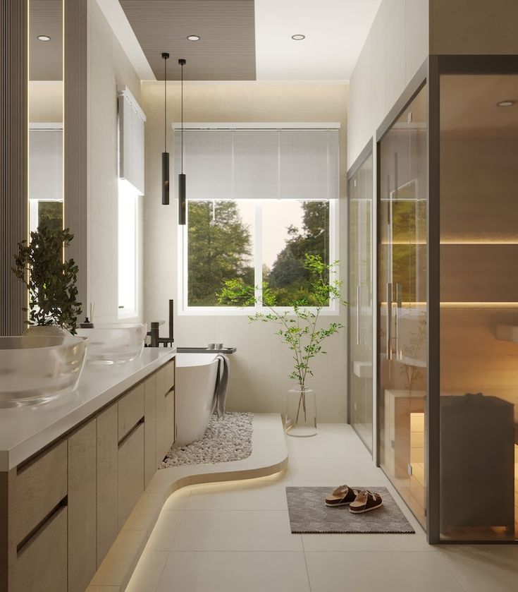 a modern bathroom with white walls and flooring, along with a plant in the corner